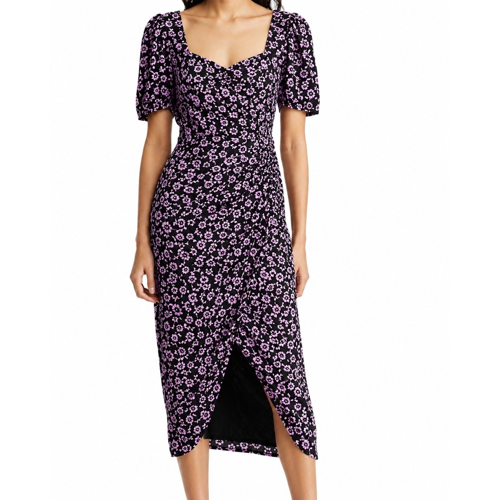 ASTR the Label Floral Puff Sleeve Midi Dress Black Lilac ADR100879 Womens Large